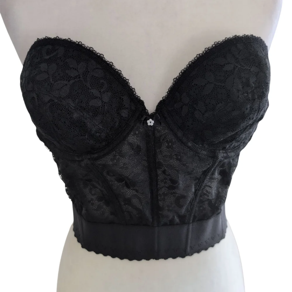 Sears Bustier‎ Women's 36C Black Lace Bra Whimseygoth Boned Strapless Vintage